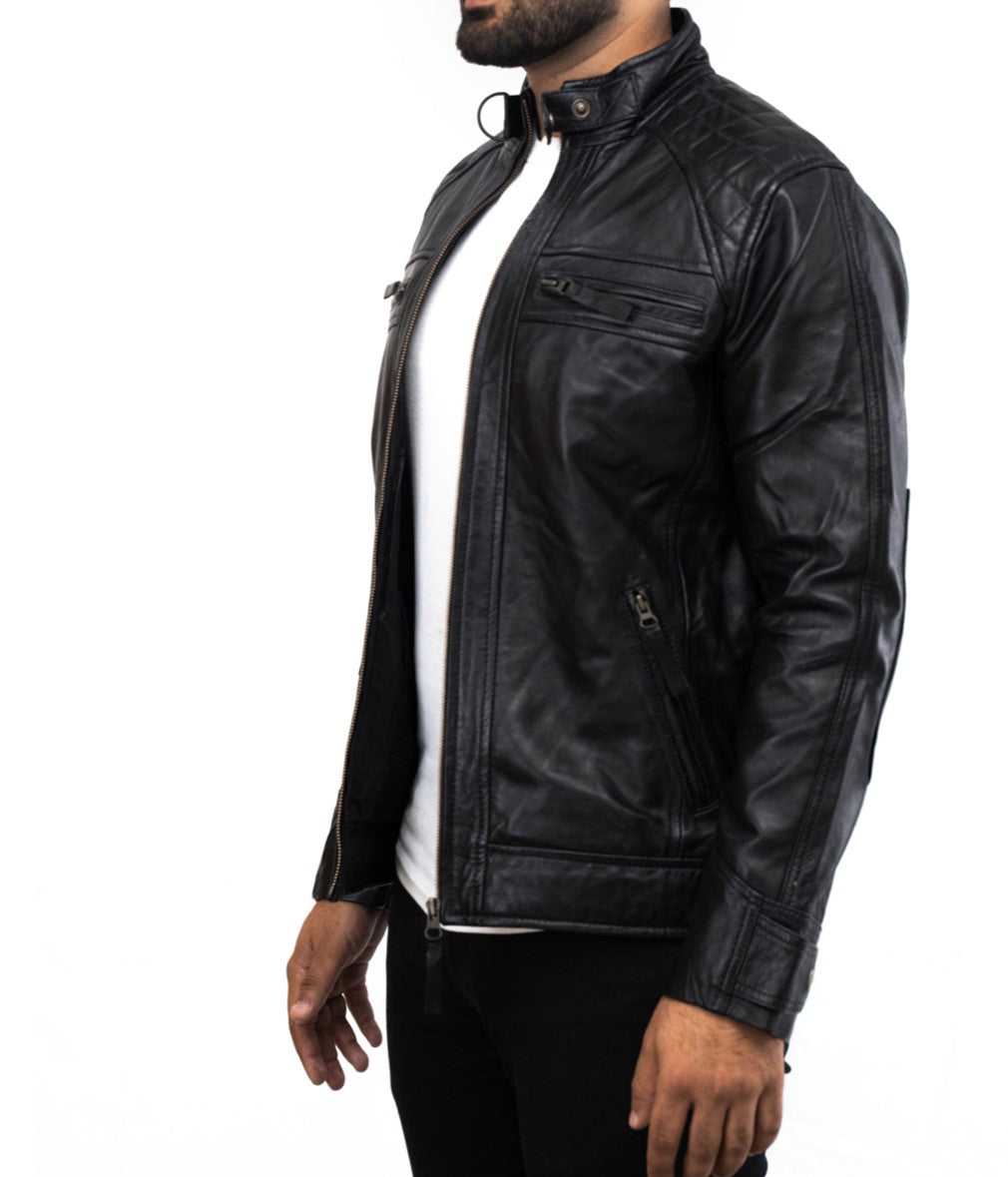 Biker Black Motociclo Leather Jacket - Herren Schwarz Berlin Lederjacke