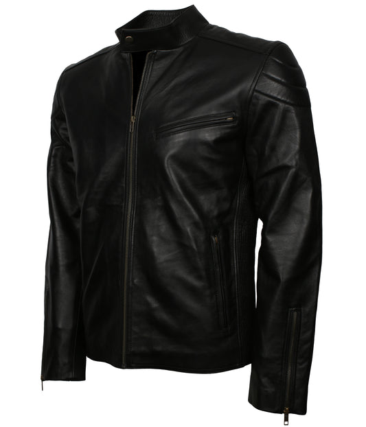 Biker Black Motorcycle Leather Jacket - Slimfit Schwarz Herren Lederjacke
