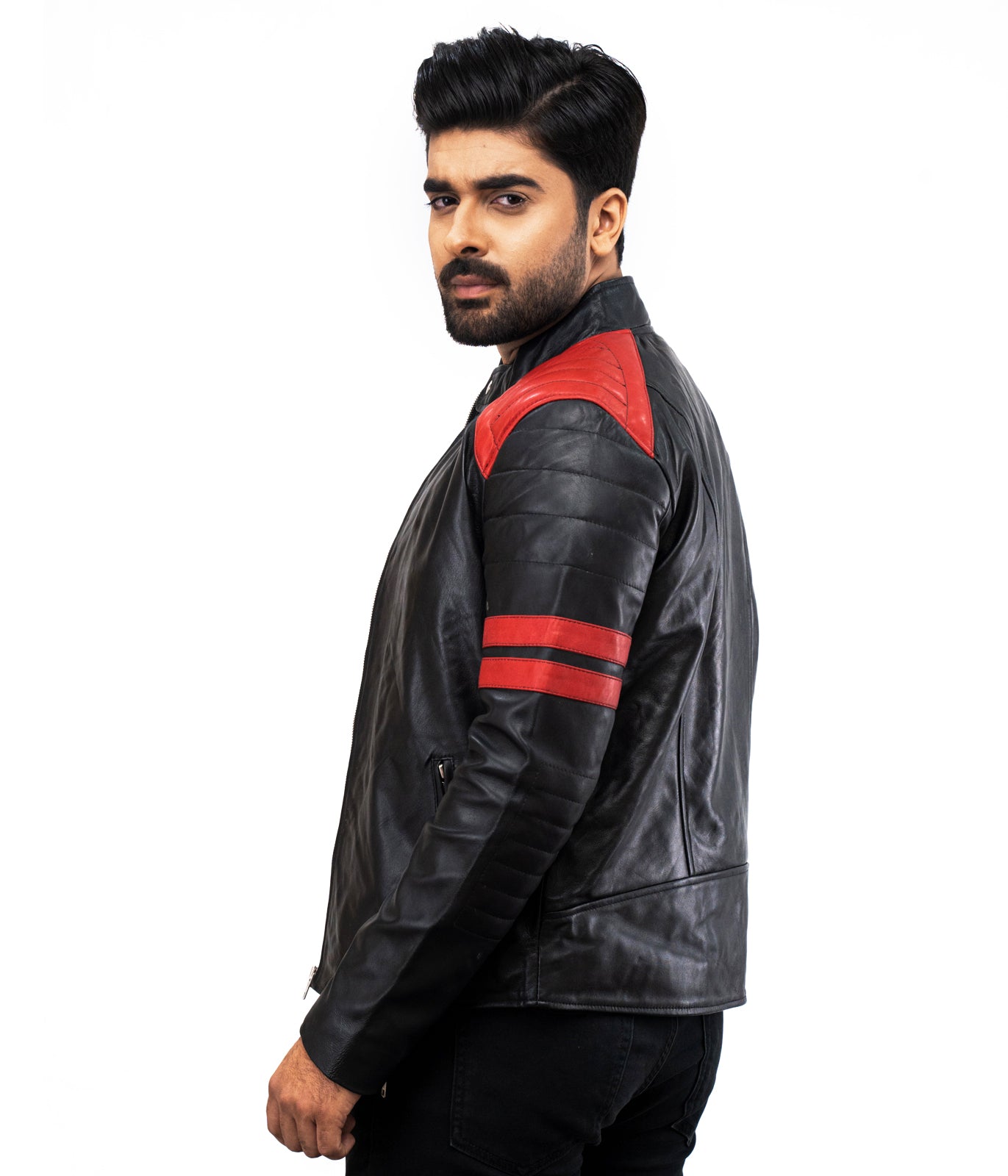 Biker Red Stripes Moto Black Leather Jacket
