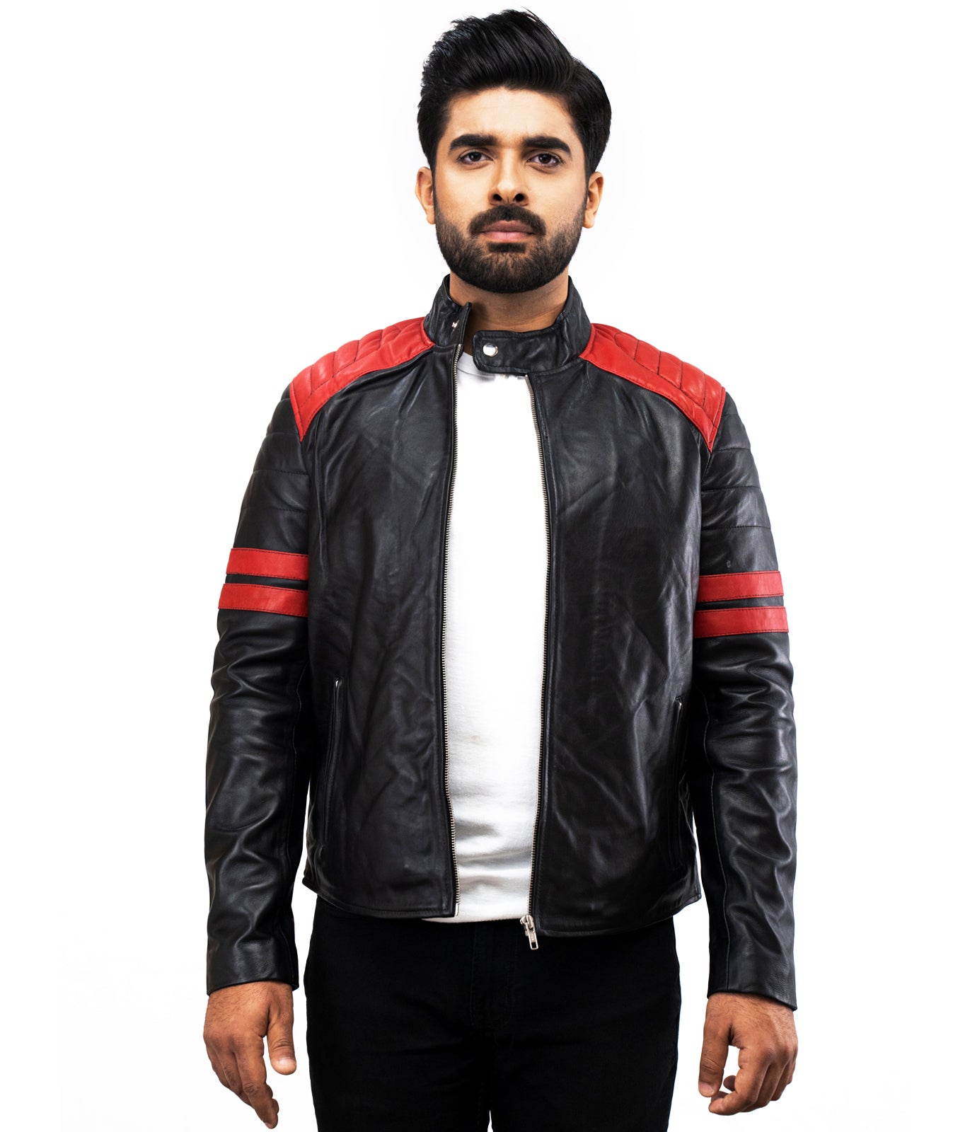 Biker Red Stripes Moto Black Leather Jacket