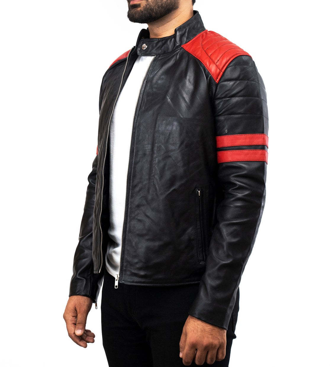 Biker Red Stripes Moto Black Leather Jacket