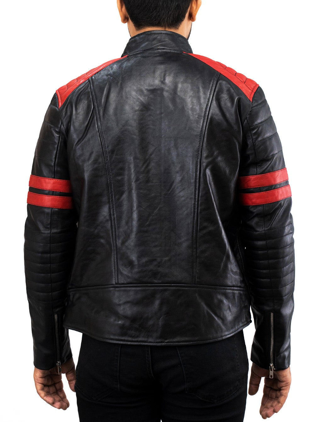 Biker Red Stripes Moto Black Leather Jacket
