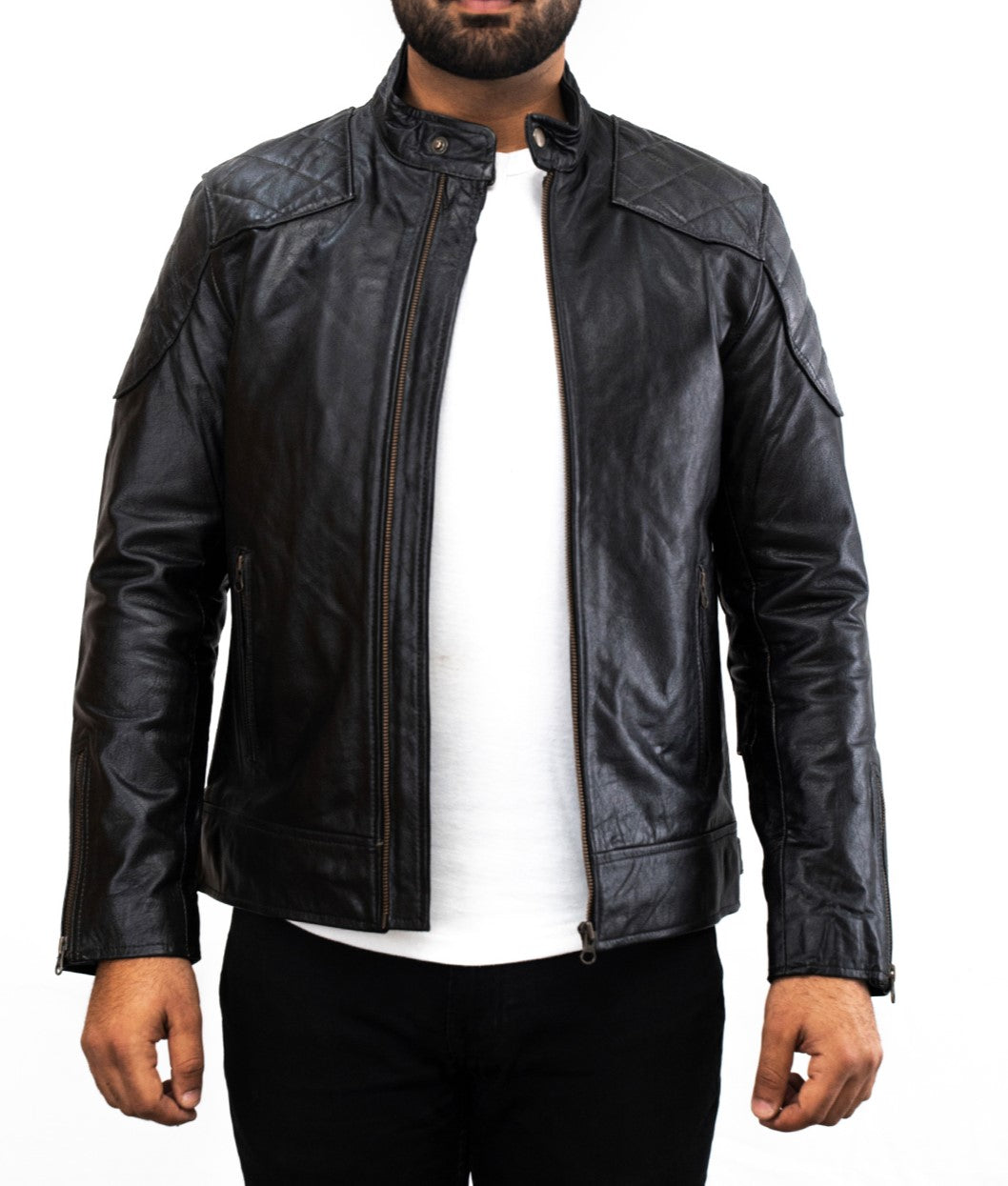 Mens Biker Genuine Italian Black Leather Jacket - Schwarz Biker Lederjacke