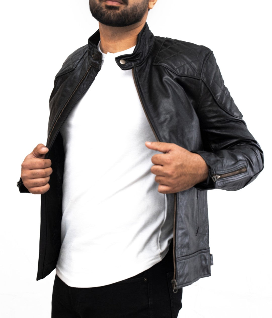 Mens Biker Genuine Italian Black Leather Jacket - Schwarz Biker Lederjacke