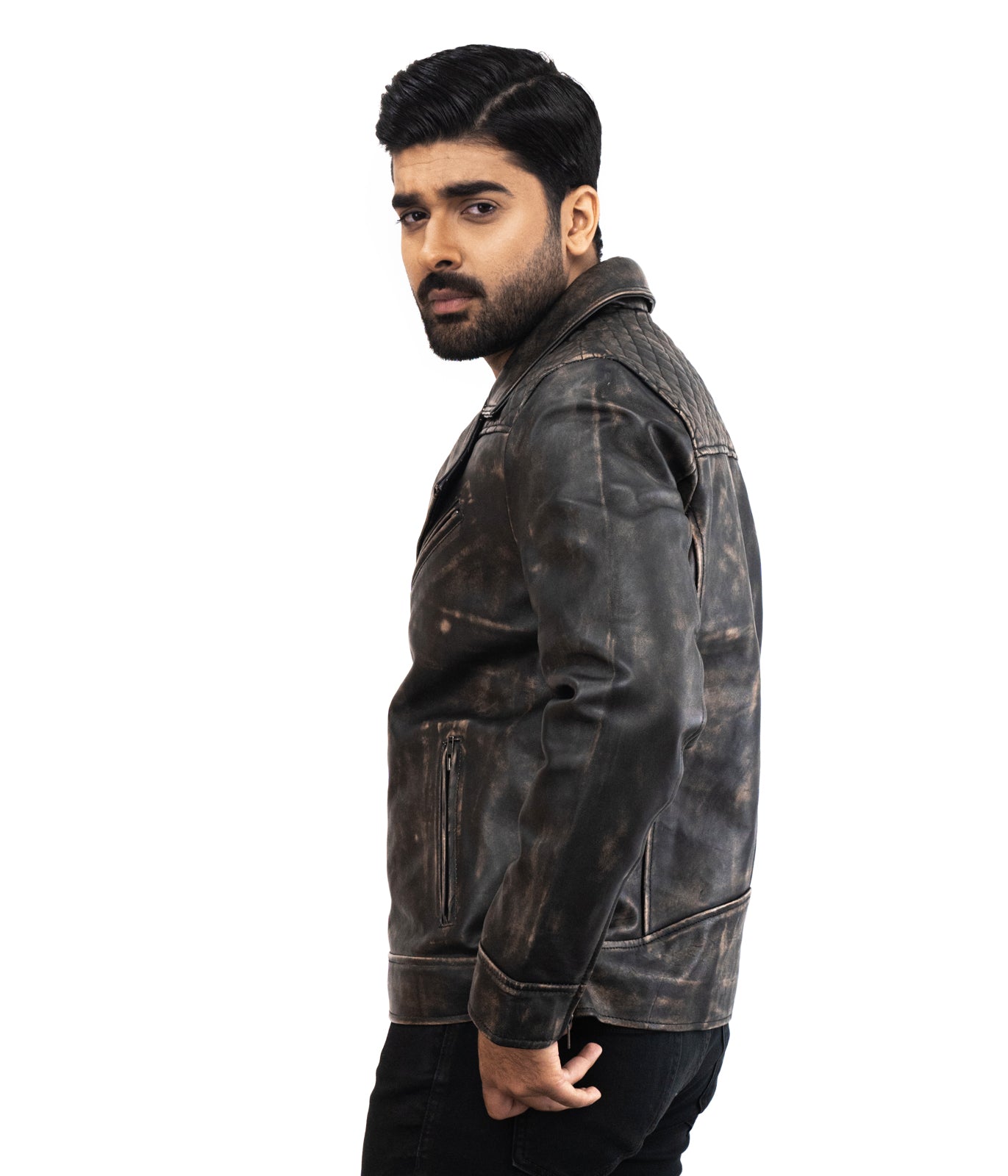 Brando Motorbiker Black Leather Jacket - Black Waxed Designer Racing Top G Jacket