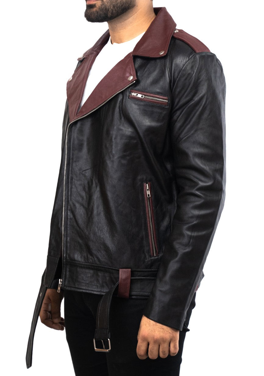 Brown Collar Black Brando Leather Jacket - Mens Black Biker Top-G leather Jacket