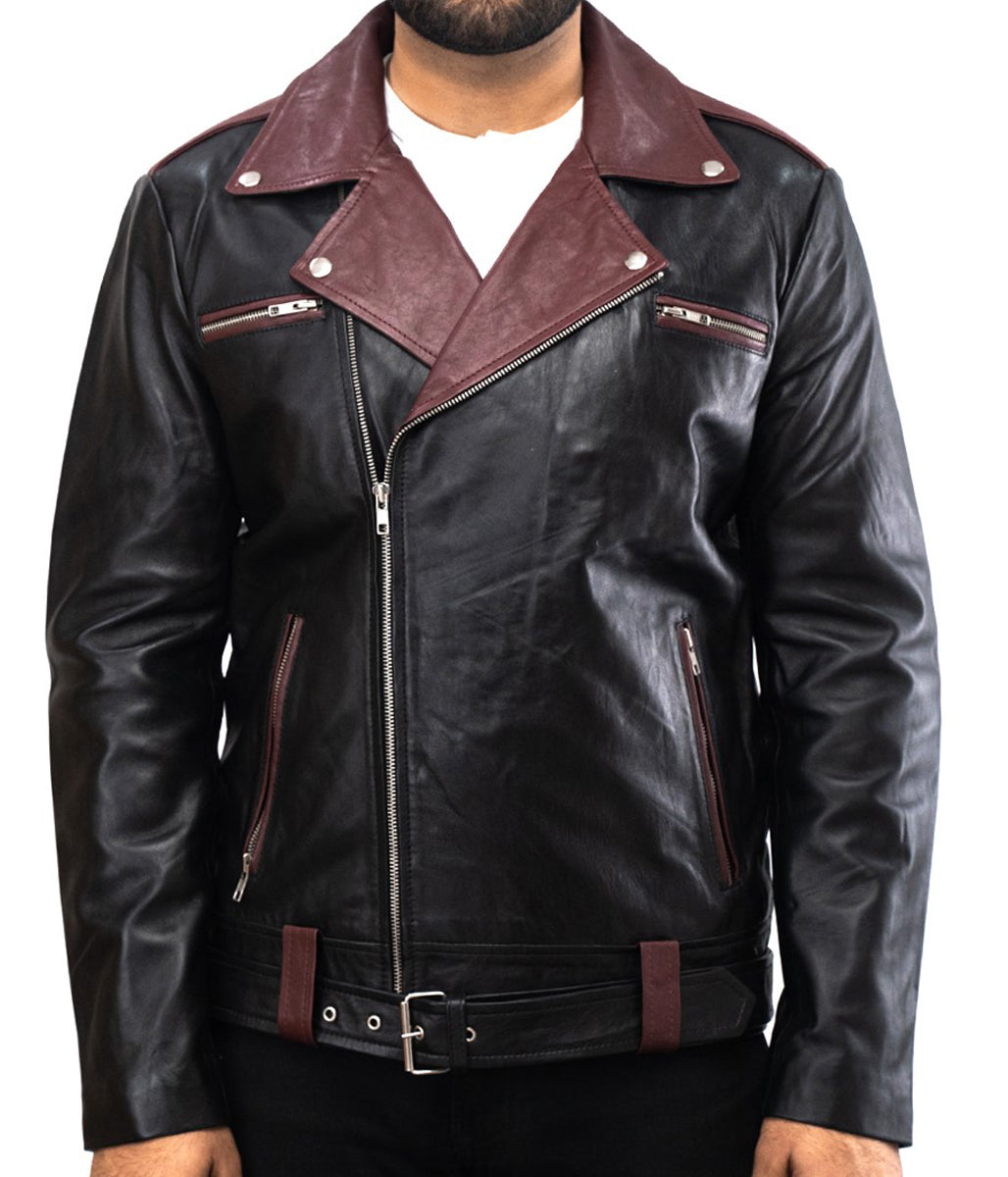 Brown Collar Black Brando Leather Jacket - Mens Black Biker Top-G leather Jacket