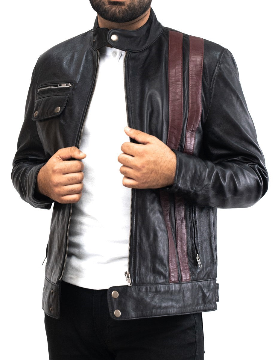 Brown Stripes Black Motorcycle Leather Jacket - Black Moto GP Biker Jacket - Herren Rennjacke