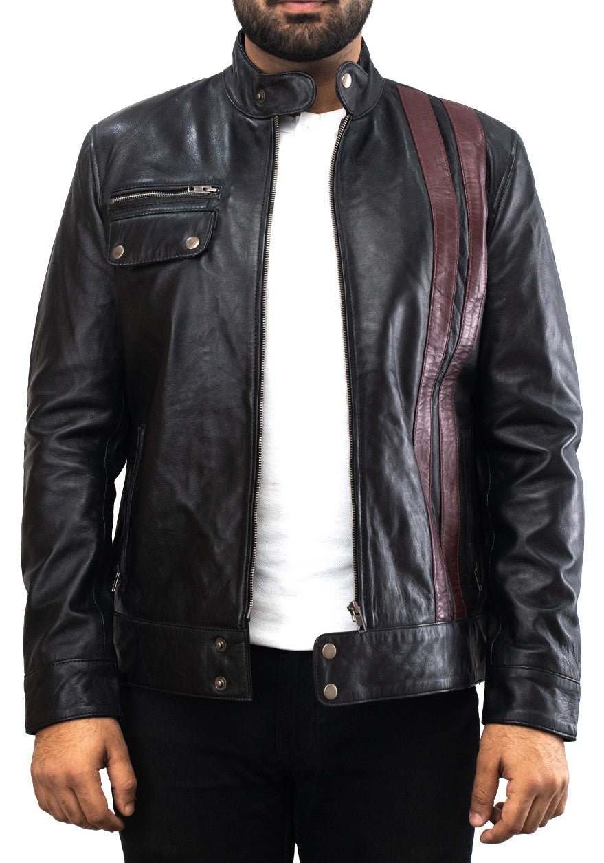 Brown Stripes Black Motorcycle Leather Jacket - Black Moto GP Biker Jacket - Herren Rennjacke