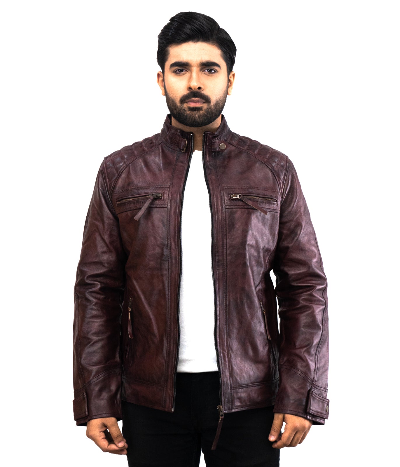 Cafe Racer Vintage Oadby Red Wine Leather Jacket - Herren Rotwein Rennjacke - giacca di pelle firmata