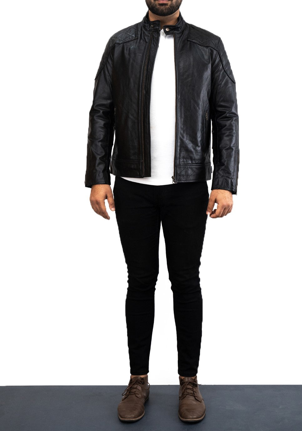 Mens Biker Genuine Italian Black Leather Jacket - Schwarz Biker Lederjacke