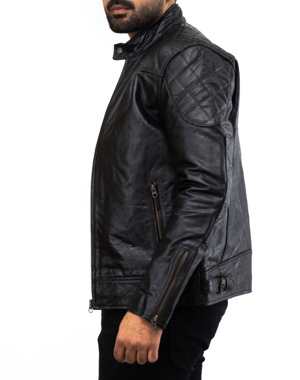 Mens Biker Genuine Italian Black Leather Jacket - Schwarz Biker Lederjacke