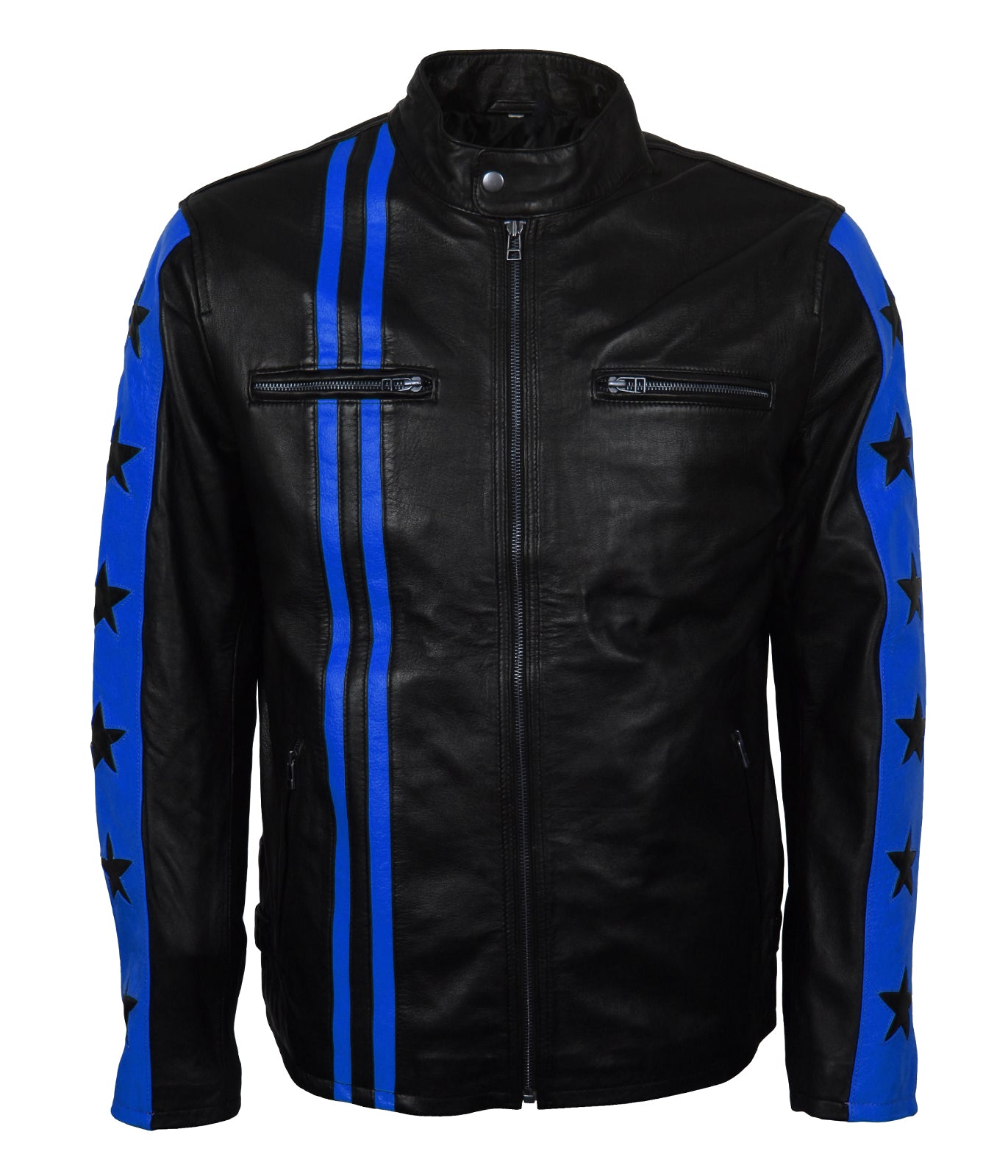Blue Stars Stripes Motorcycle Leather Jacket - Designer Racing Moto Lederjacke