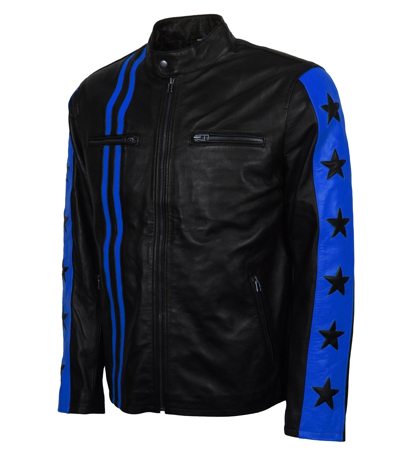 Blue Stars Stripes Motorcycle Leather Jacket - Designer Racing Moto Lederjacke