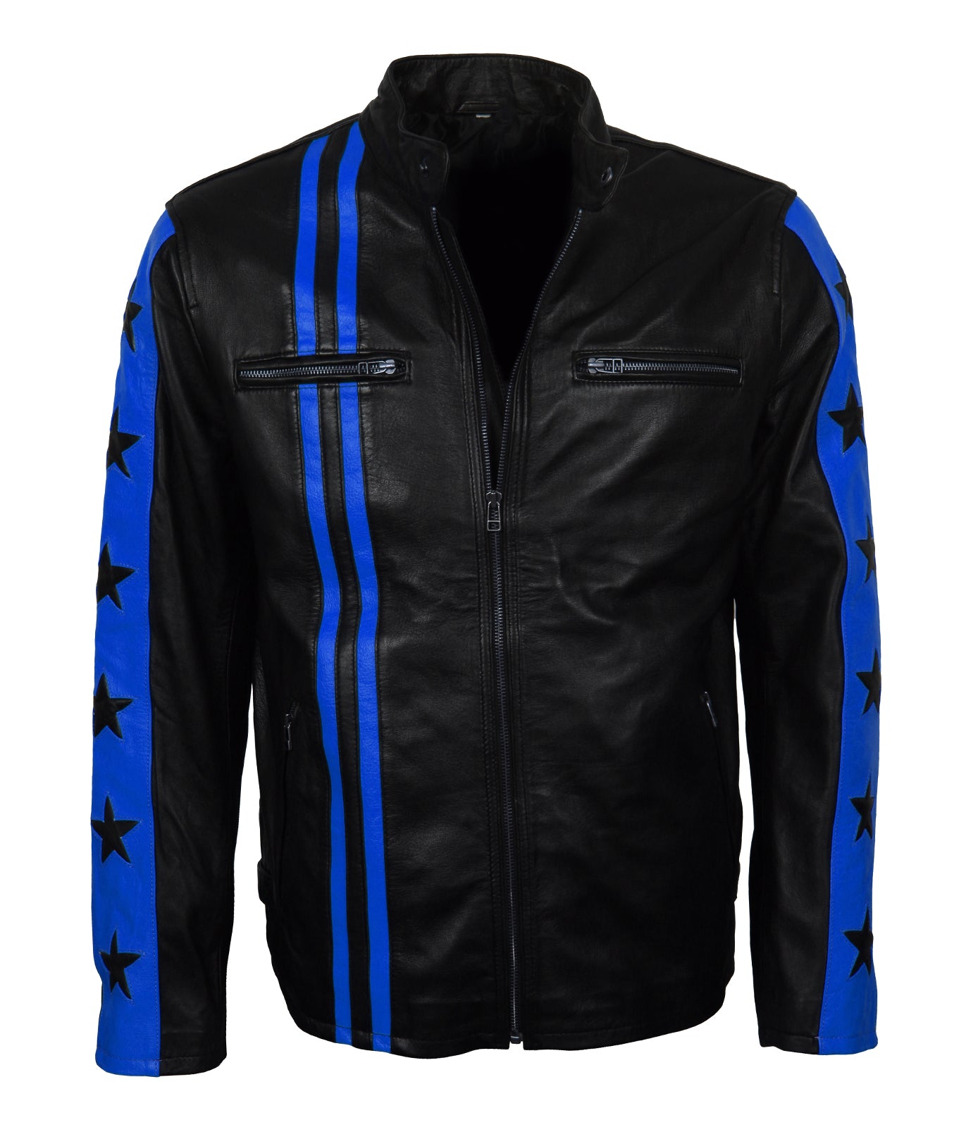Blue Stars Stripes Motorcycle Leather Jacket - Designer Racing Moto Lederjacke