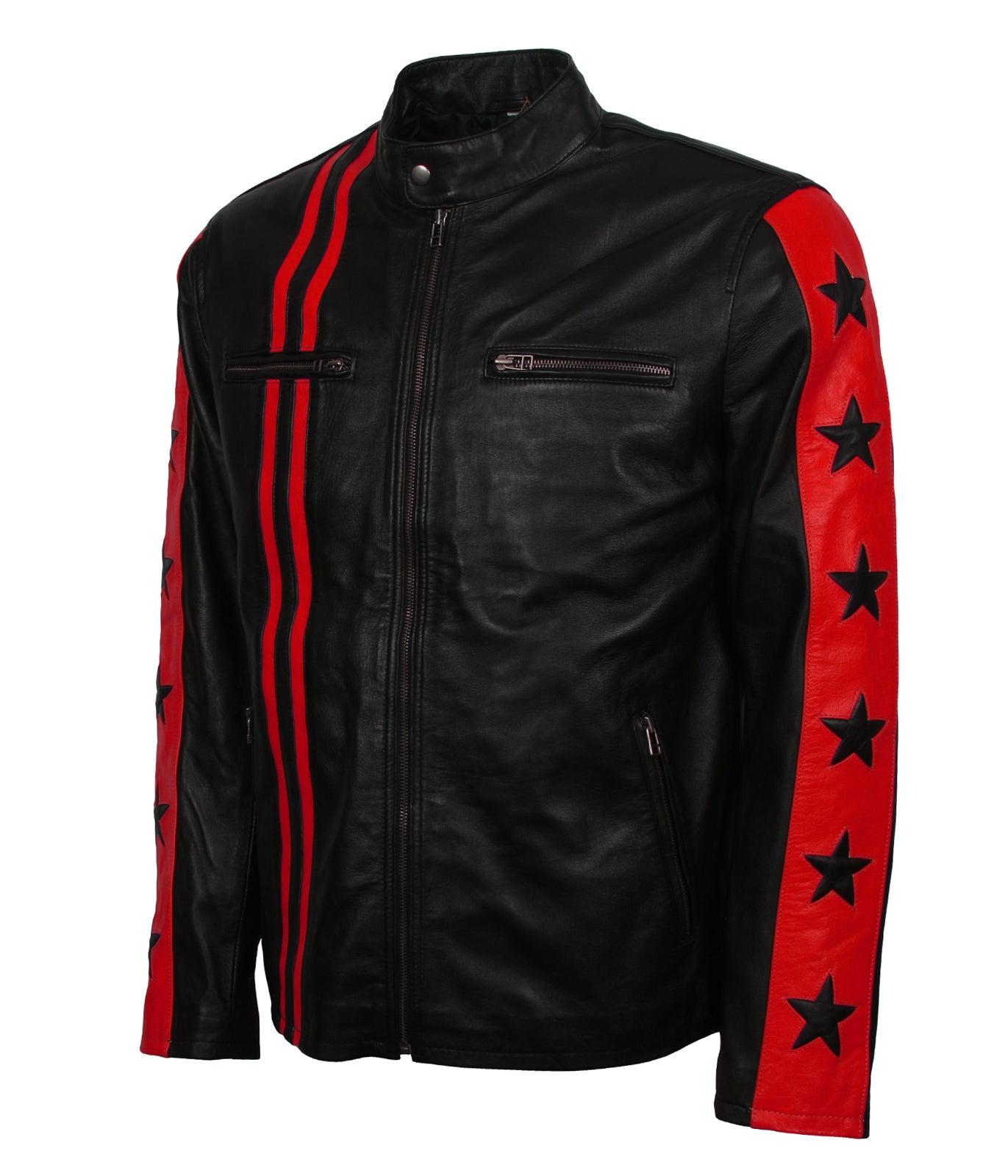 Red Stars Stripes Motorcycle Leather Jacket