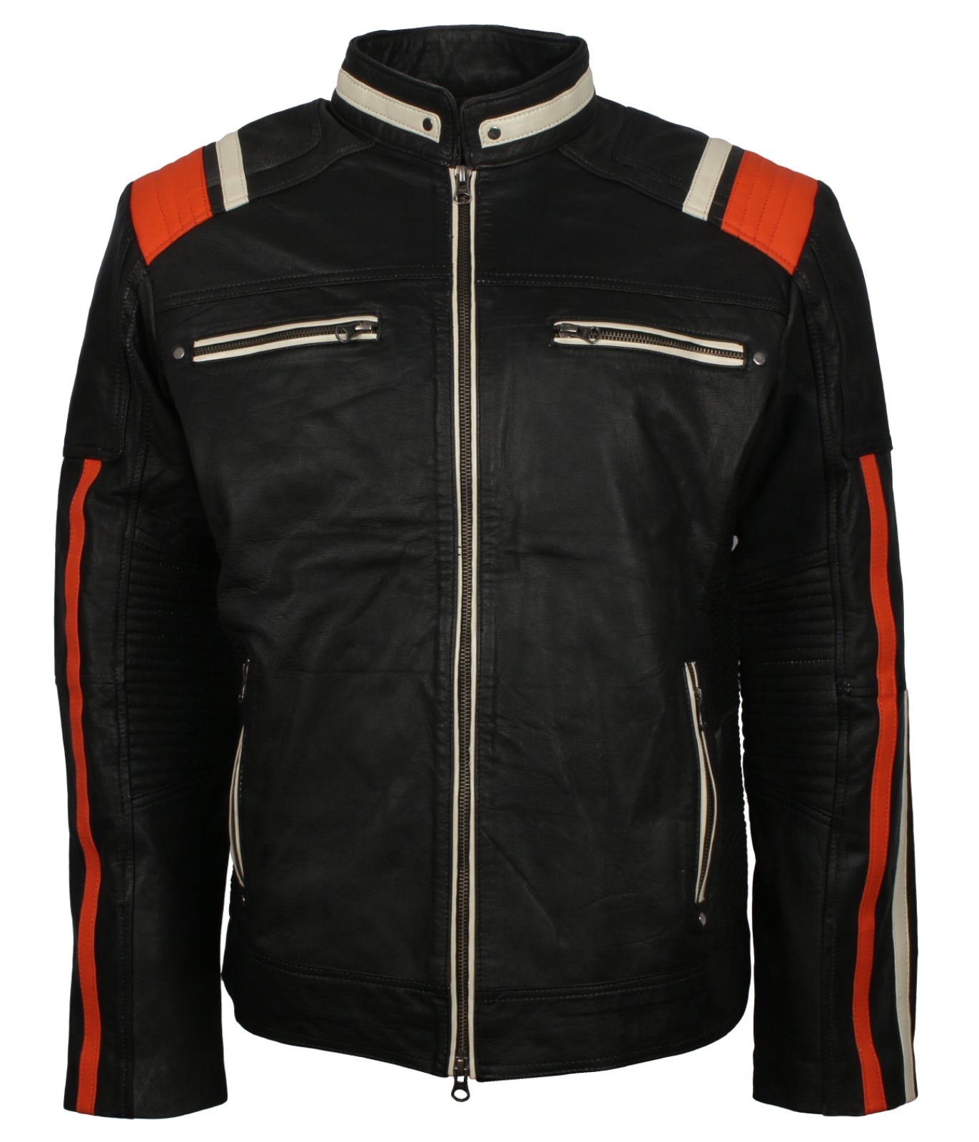 Black Retro Red Stripe Leather Jacket - Designer Retro Biker Racing Moto GP Leather Jacket