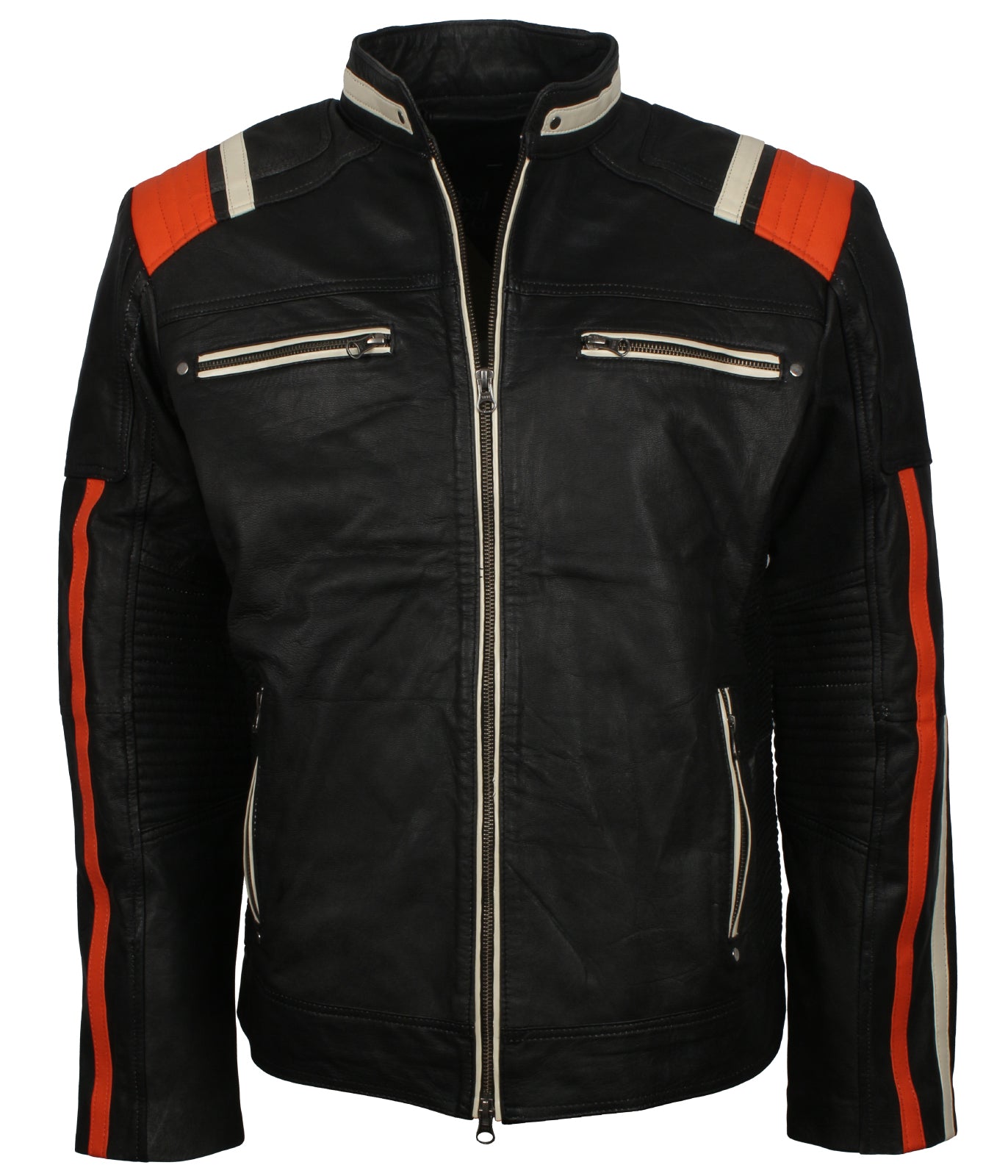 Black Retro Red Stripe Leather Jacket - Designer Retro Biker Racing Moto GP Leather Jacket