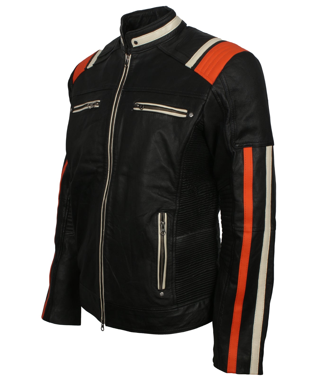Black Retro Red Stripe Leather Jacket - Designer Retro Biker Racing Moto GP Leather Jacket