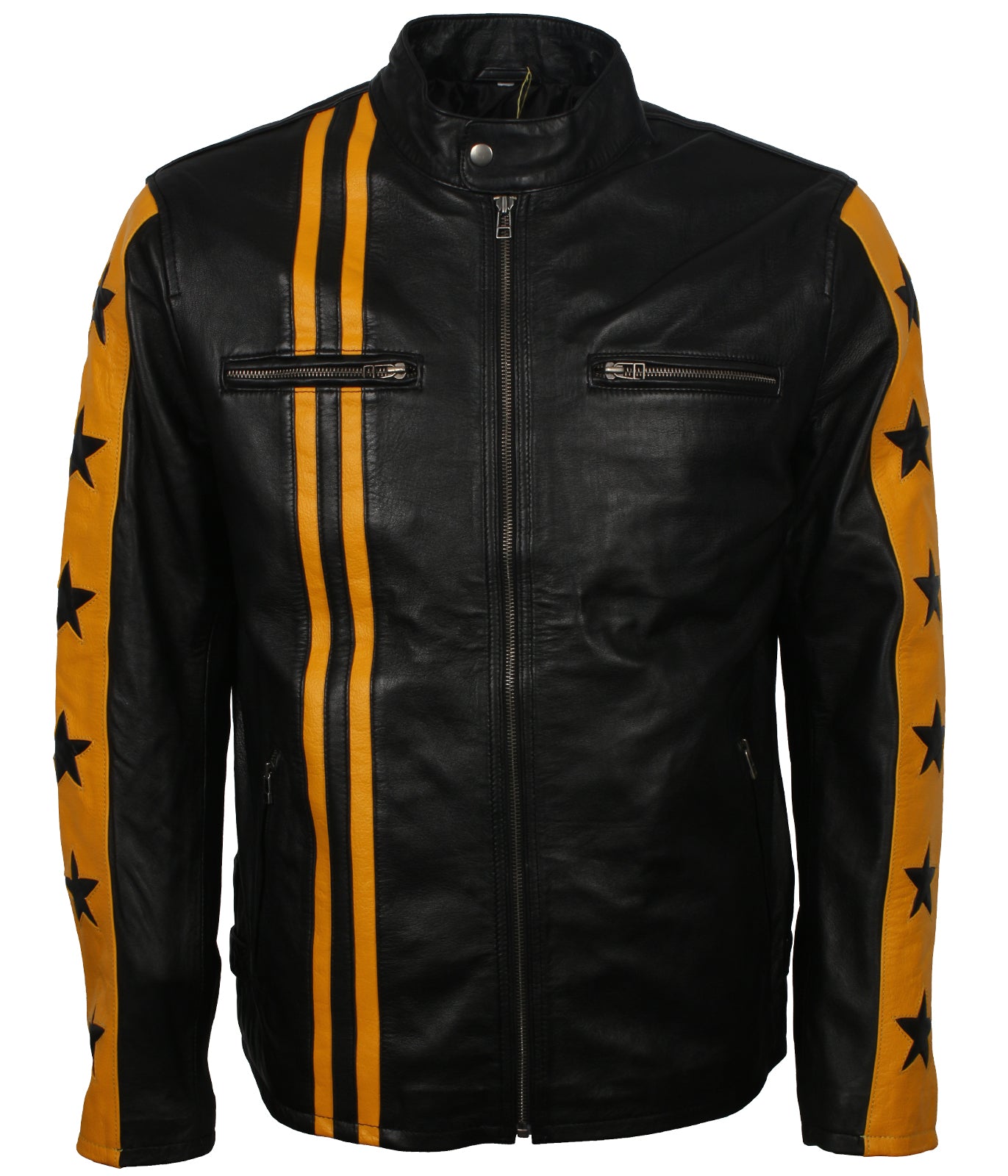 Yellow Stars Stripes Motorcycle Leather Jacket