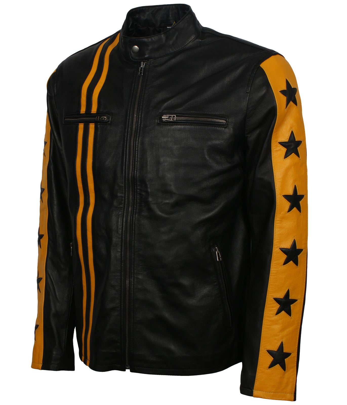 Yellow Stars Stripes Motorcycle Leather Jacket