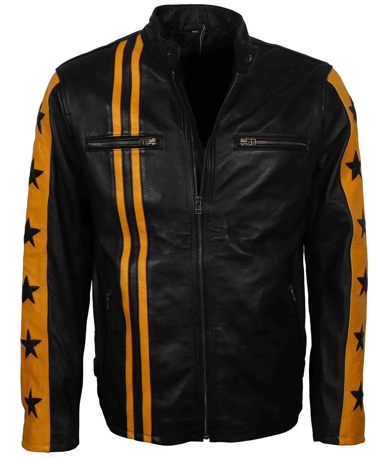 Yellow Stars Stripes Motorcycle Leather Jacket
