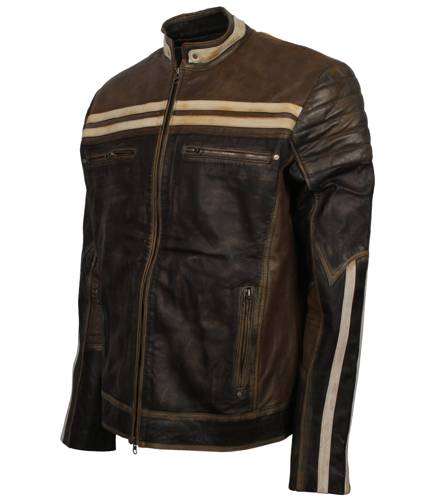 Men's Brown Vintage Distressed Biker Leather Jacket - Schwarz Herren Rennjacke