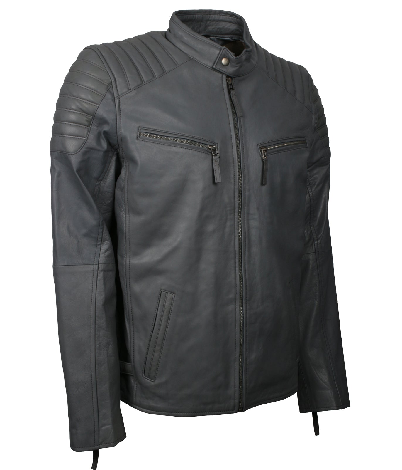 Men's Designer Grey Biker Leather Jacket - Herren Casual Designer Party Lederjacke