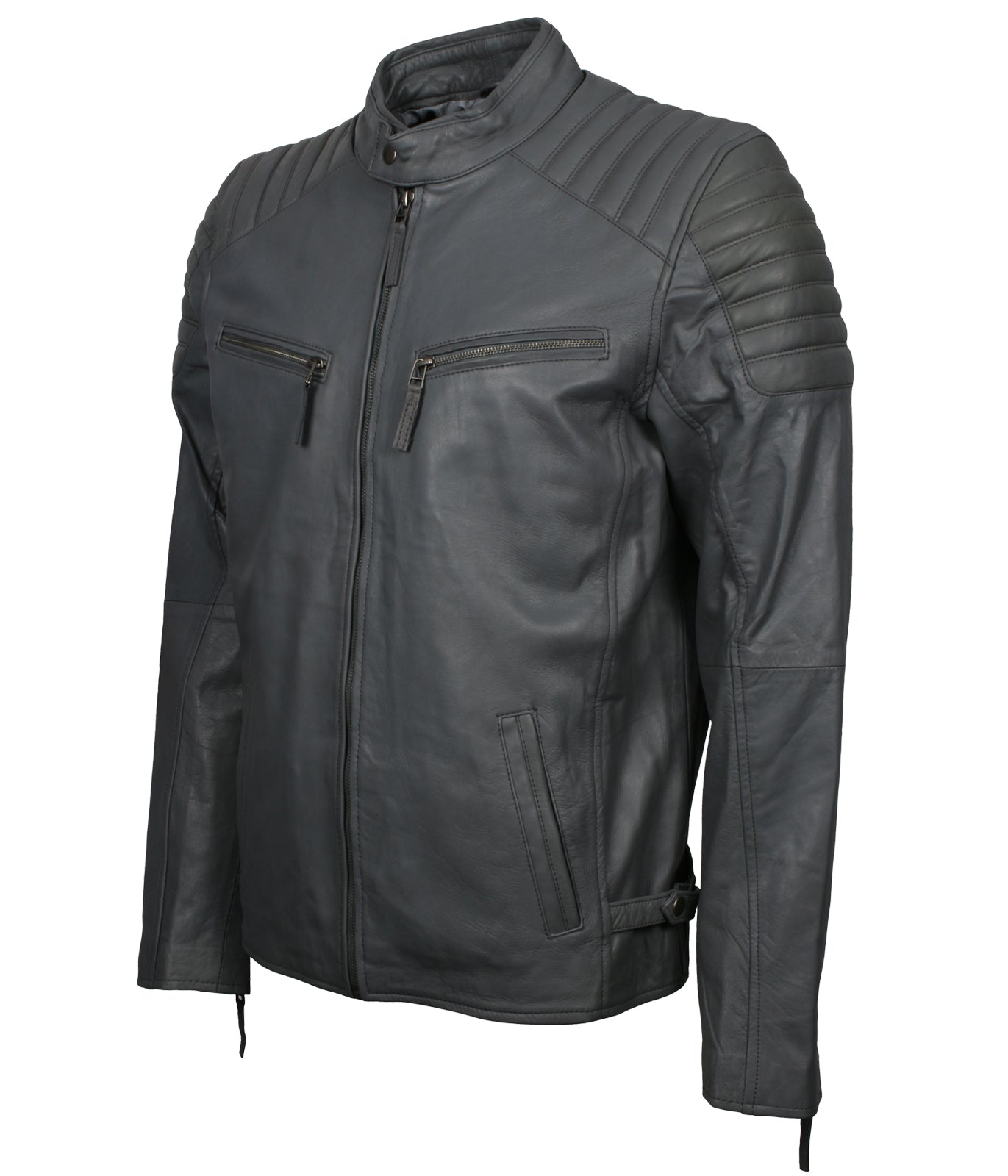 Men's Designer Grey Biker Leather Jacket - Herren Casual Designer Party Lederjacke