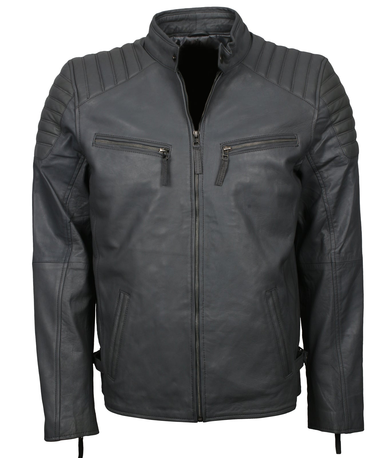 Men's Designer Grey Biker Leather Jacket - Herren Casual Designer Party Lederjacke