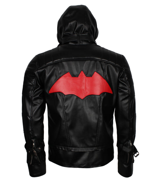 Bat The Man Hooded Knight Black Faux Leather Jacket - Designer Bat Red Hood Leather Jacket