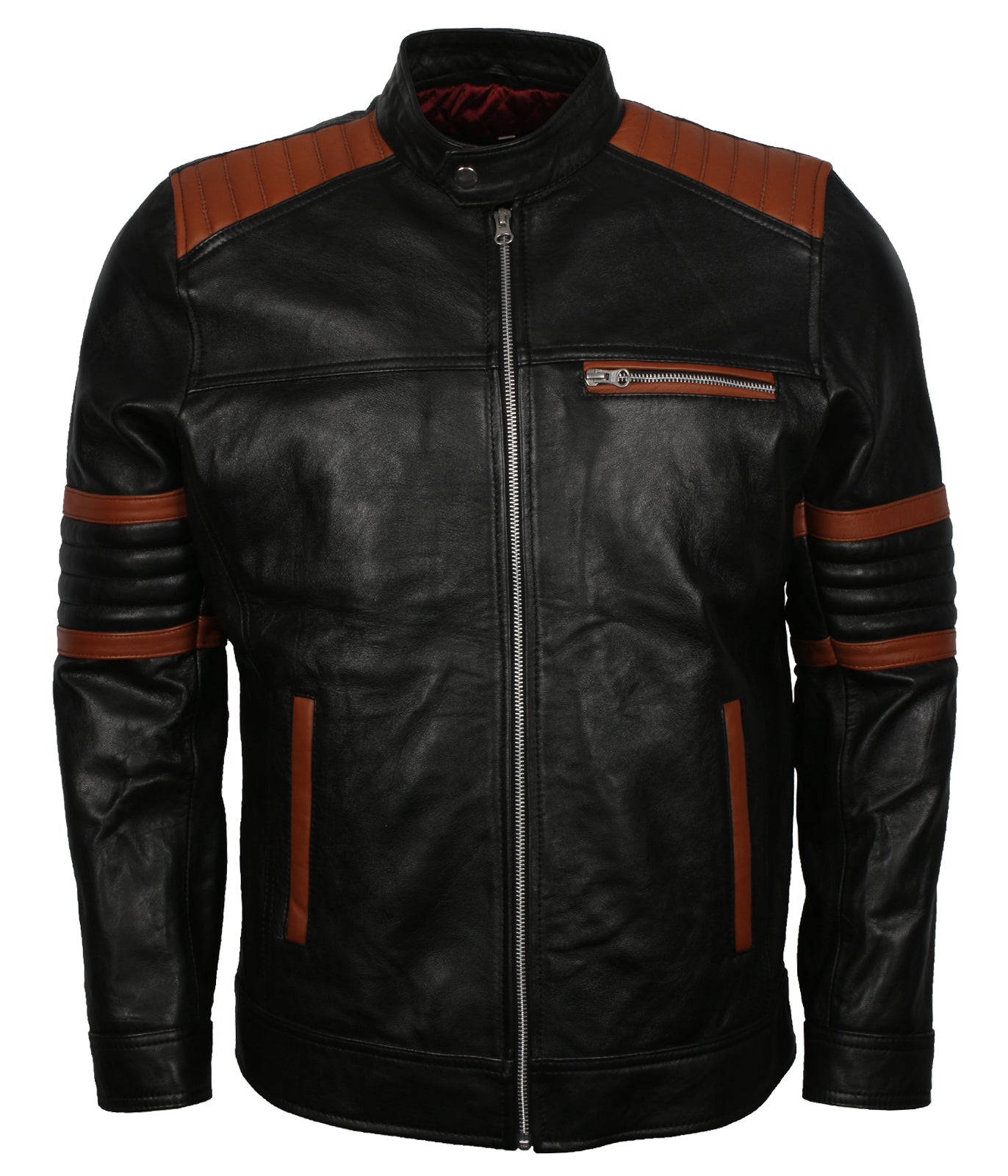 Motorcycle Quilted Brown Stripes Black Leather Jacket