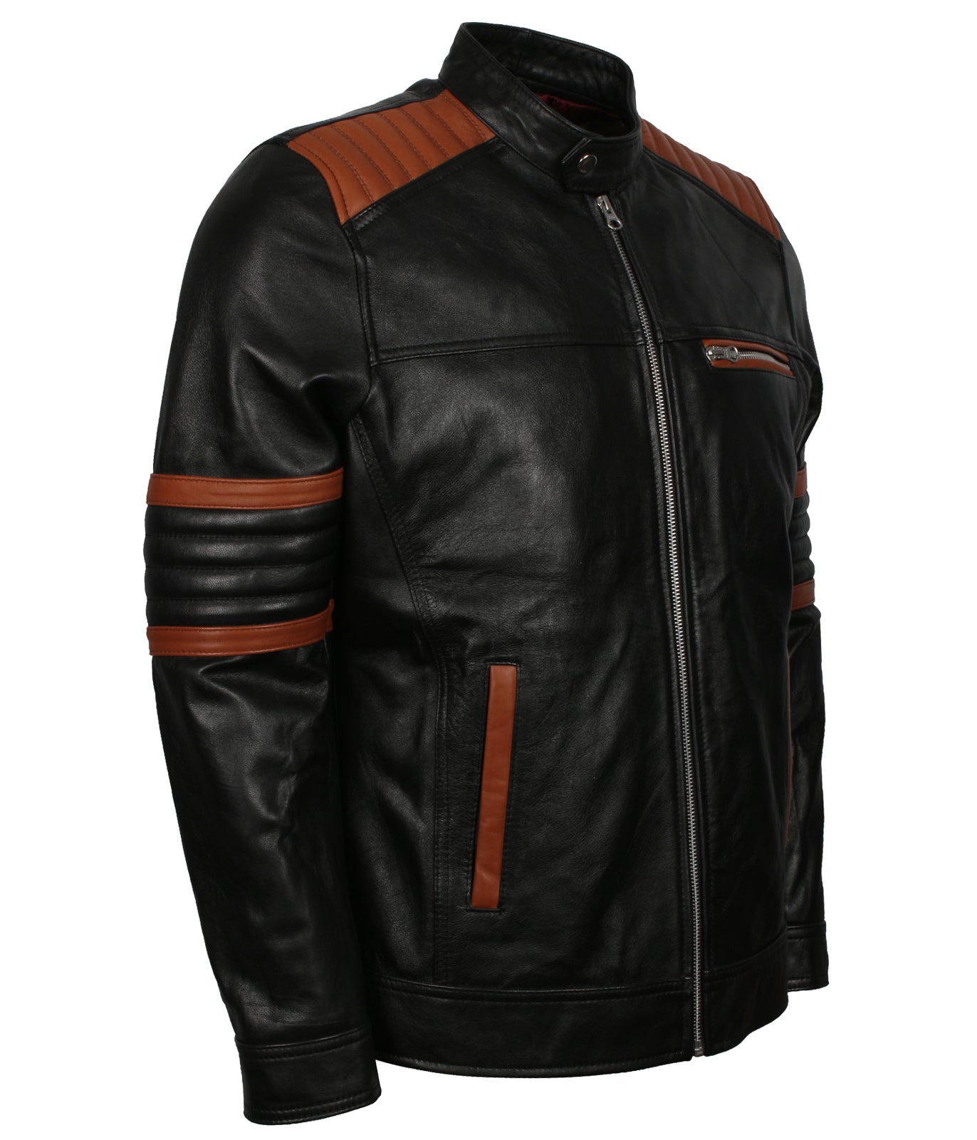Motorcycle Quilted Brown Stripes Black Leather Jacket