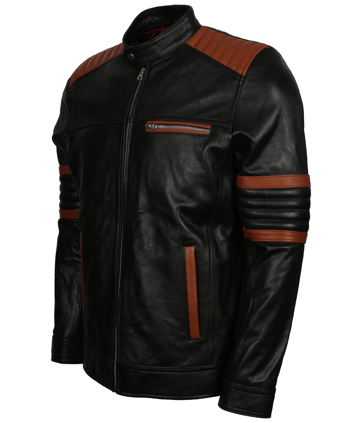 Motorcycle Quilted Brown Stripes Black Leather Jacket