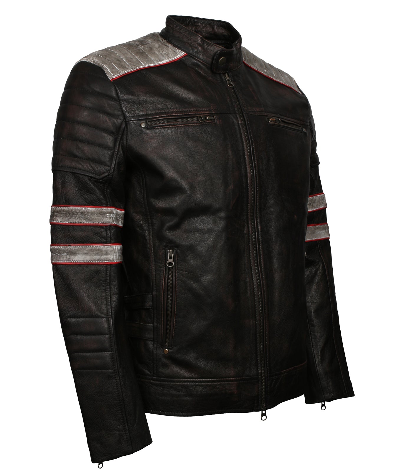 White and Red Stripe Waxed Black Leather Jacket