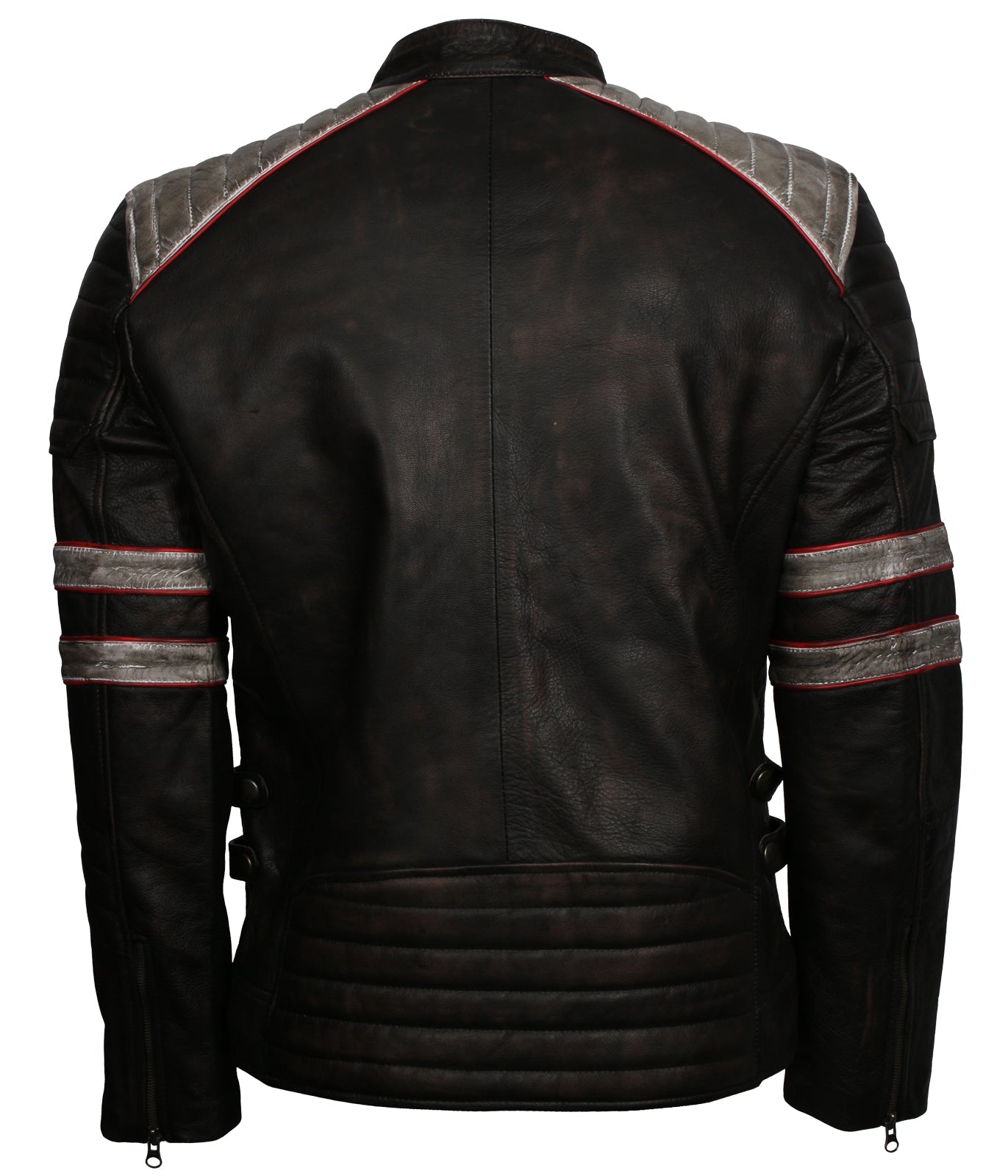 White and Red Stripe Waxed Black Leather Jacket