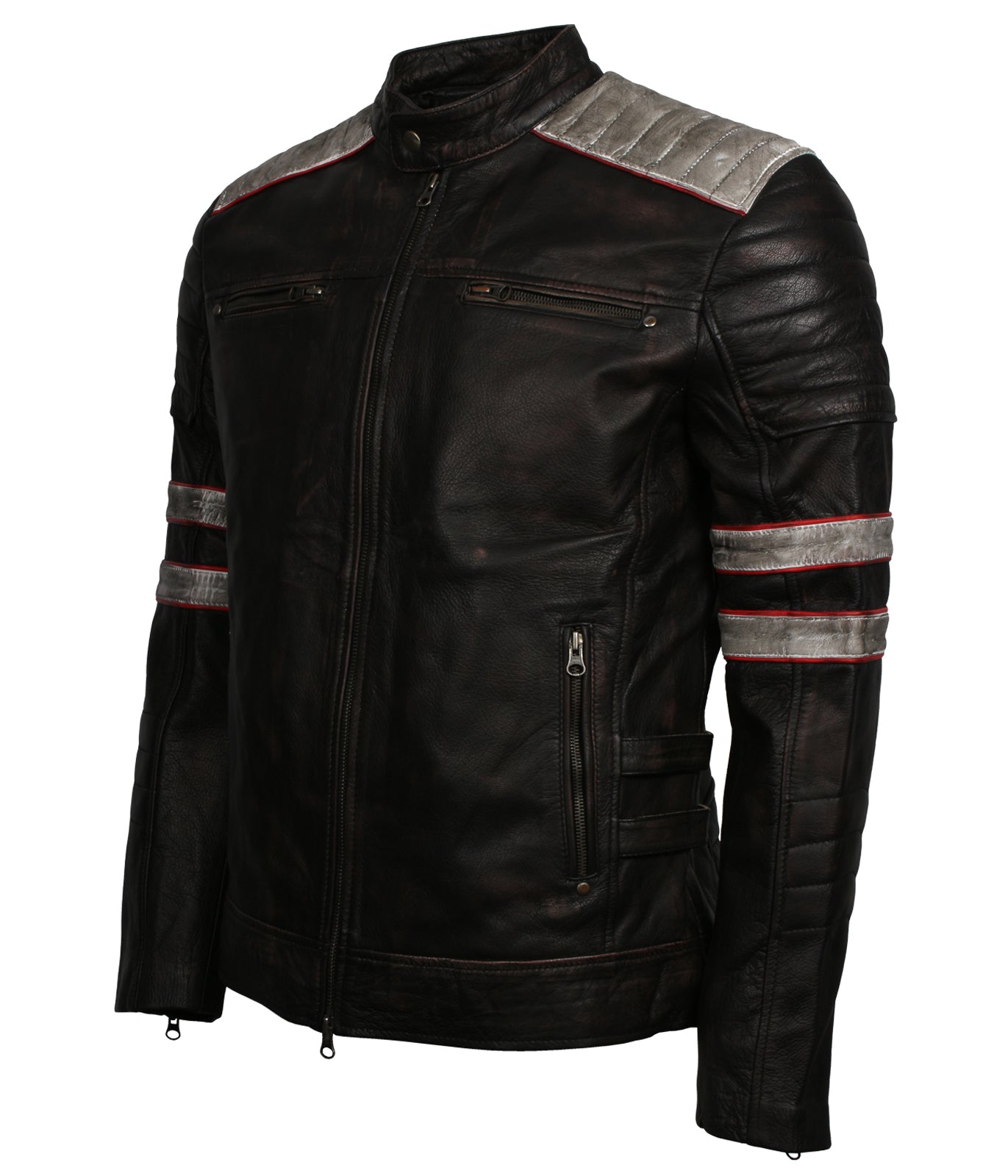 White and Red Stripe Waxed Black Leather Jacket