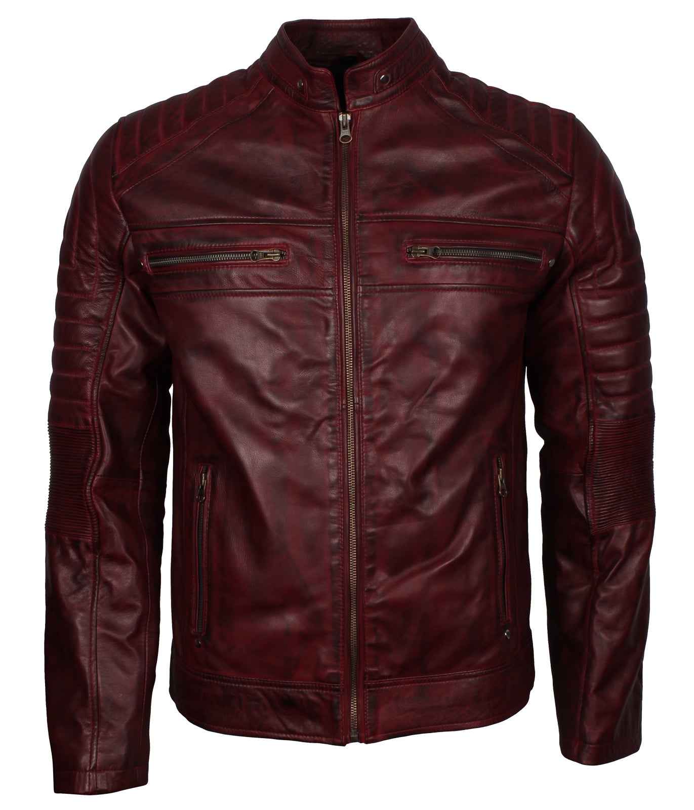 Cafe Racer Maroon Waxed Vintage Leather Jacket - Herren Rot Wein Lederjacke