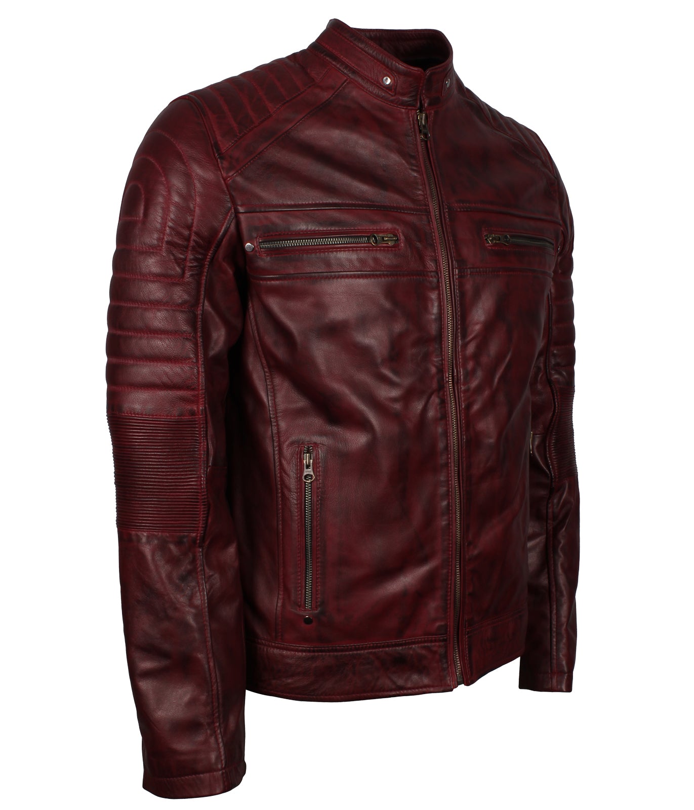 Cafe Racer Maroon Waxed Vintage Leather Jacket - Herren Rot Wein Lederjacke