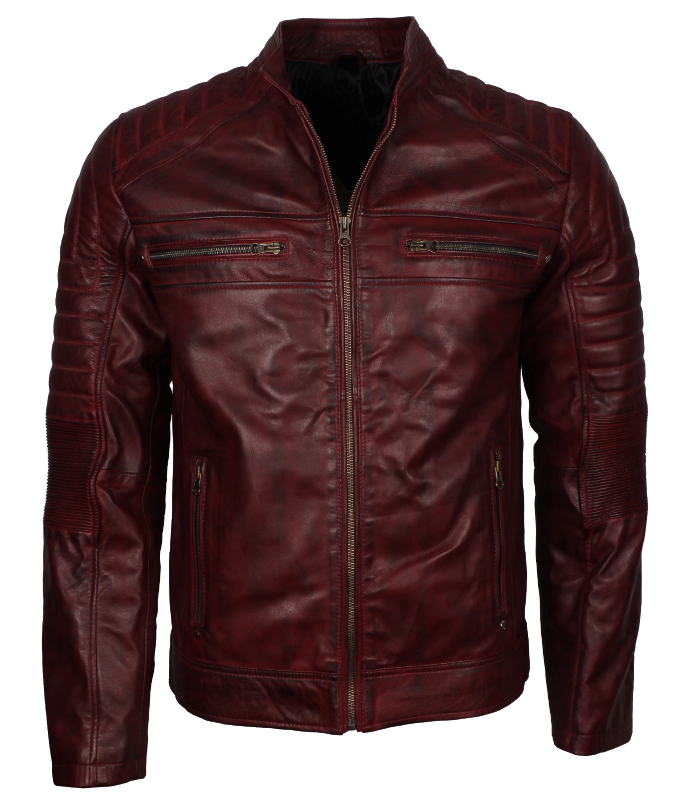 Cafe Racer Maroon Waxed Vintage Leather Jacket - Herren Rot Wein Lederjacke
