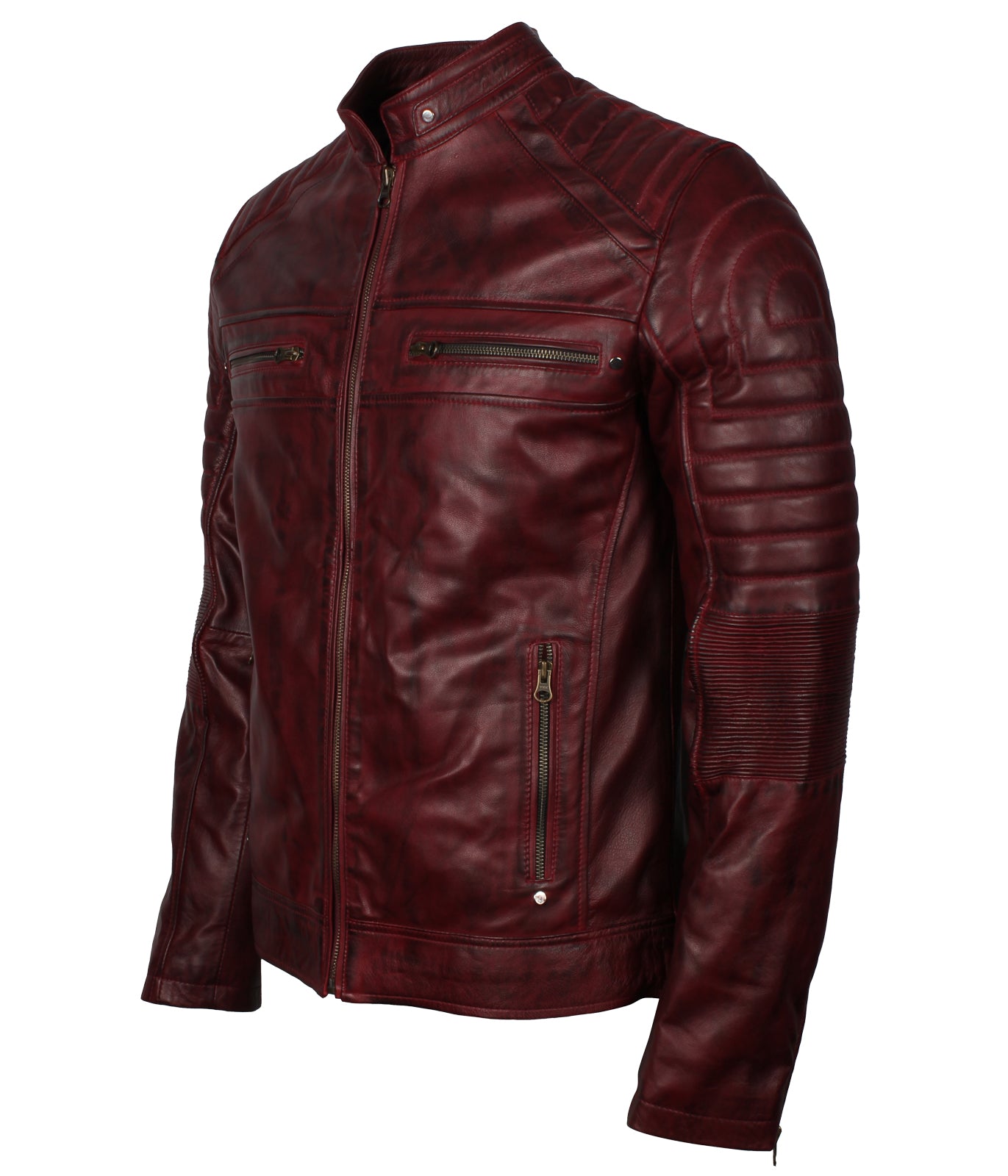 Cafe Racer Maroon Waxed Vintage Leather Jacket - Herren Rot Wein Lederjacke