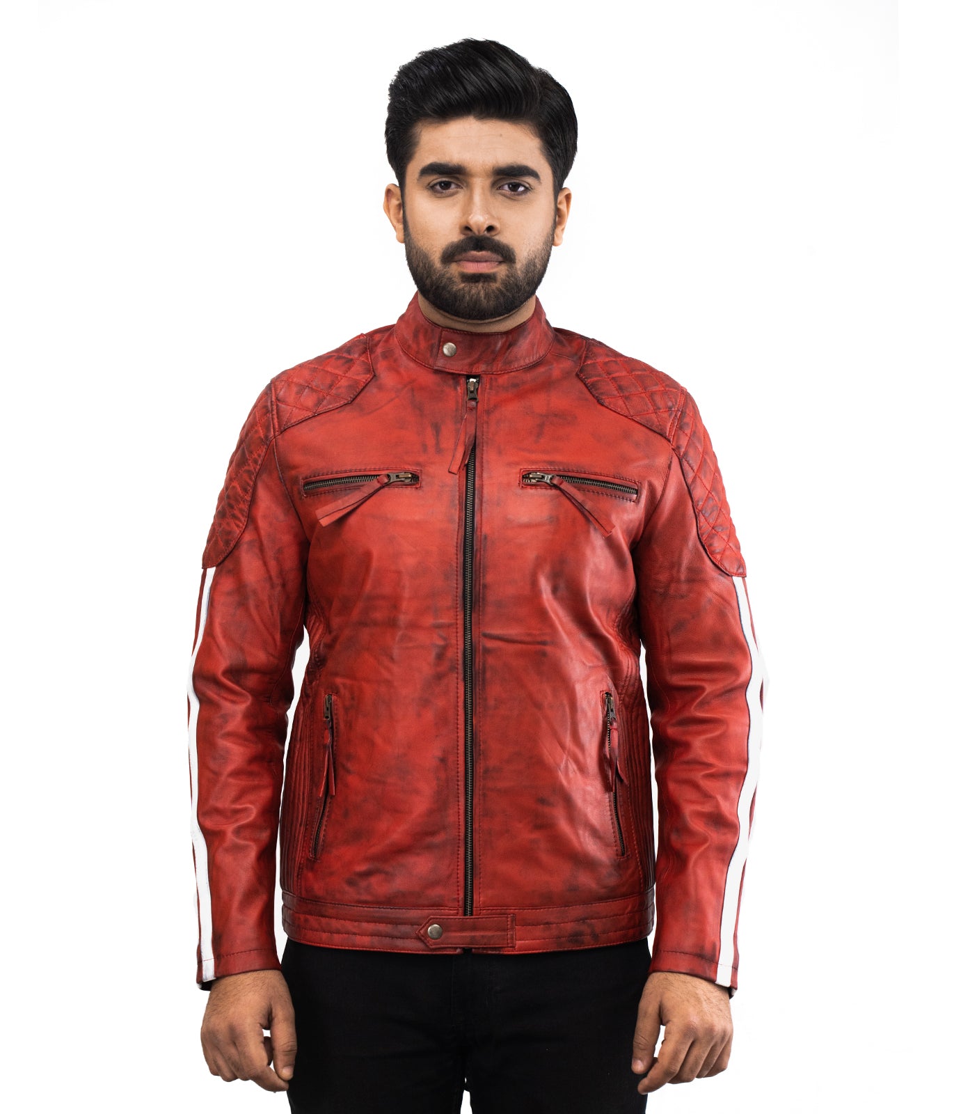 White Stripes Red Waxed Biker Leather Jacket - Herren Biker Rennjacke - Motorbike Jacket