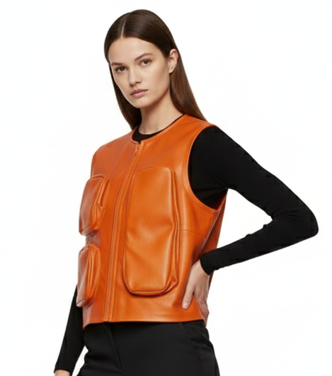 Orange Faux Oxlade Leather Vest