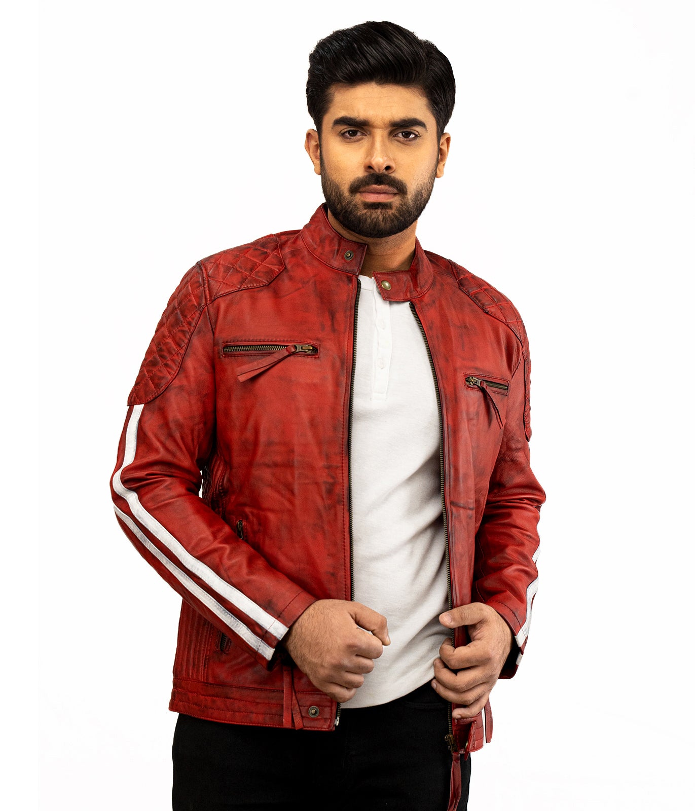 White Stripes Red Waxed Biker Leather Jacket - Herren Biker Rennjacke - Motorbike Jacket