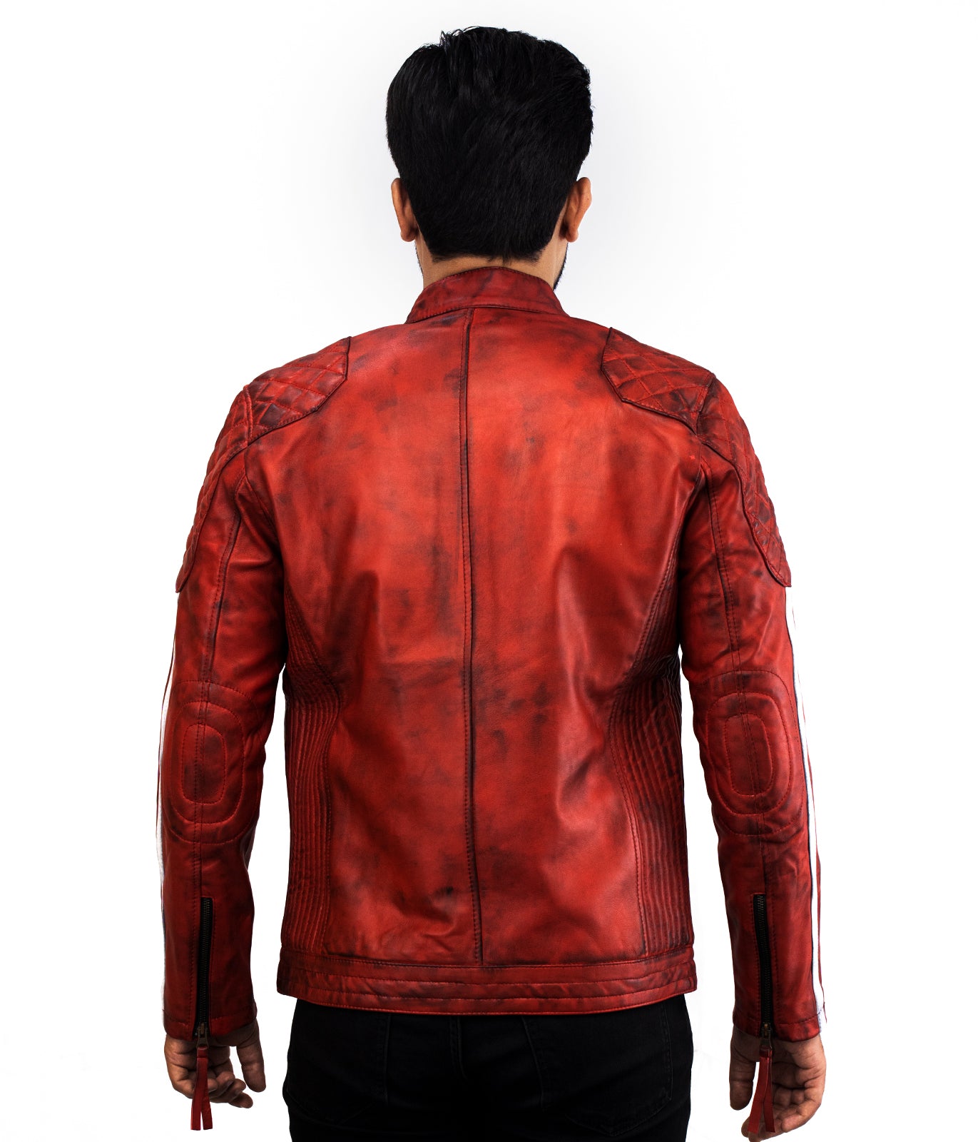 White Stripes Red Waxed Biker Leather Jacket - Herren Biker Rennjacke - Motorbike Jacket