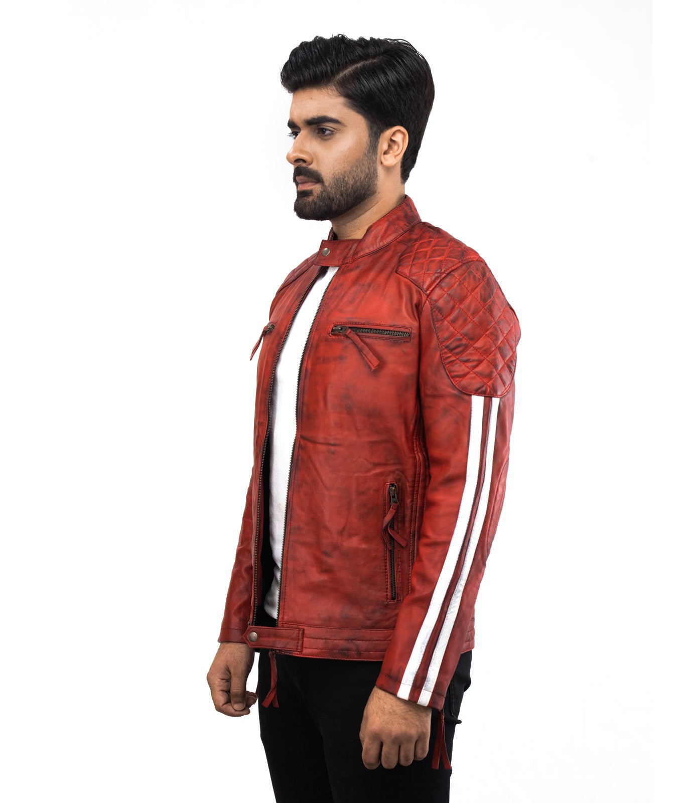 White Stripes Red Waxed Biker Leather Jacket - Herren Biker Rennjacke - Motorbike Jacket