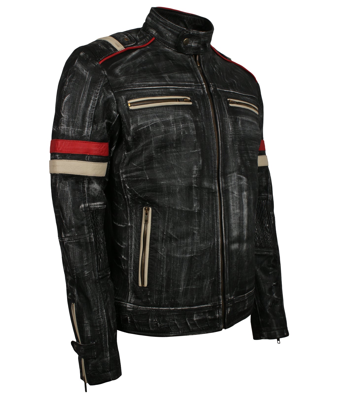 Retro Grey Distressed Biker Leather Jacket - Waxed Moto GP Rider Jacket