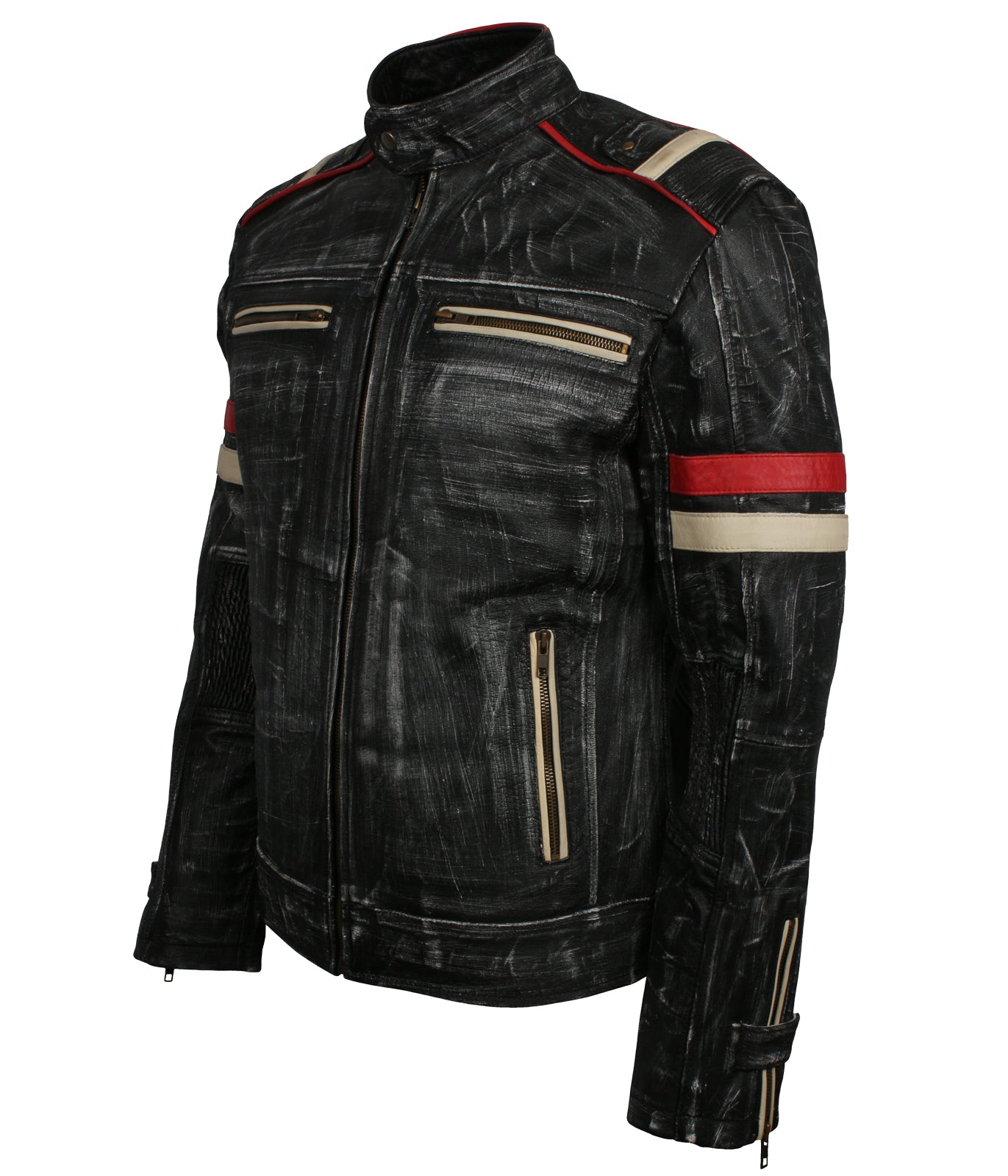 Retro Grey Distressed Biker Leather Jacket - Waxed Moto GP Rider Jacket