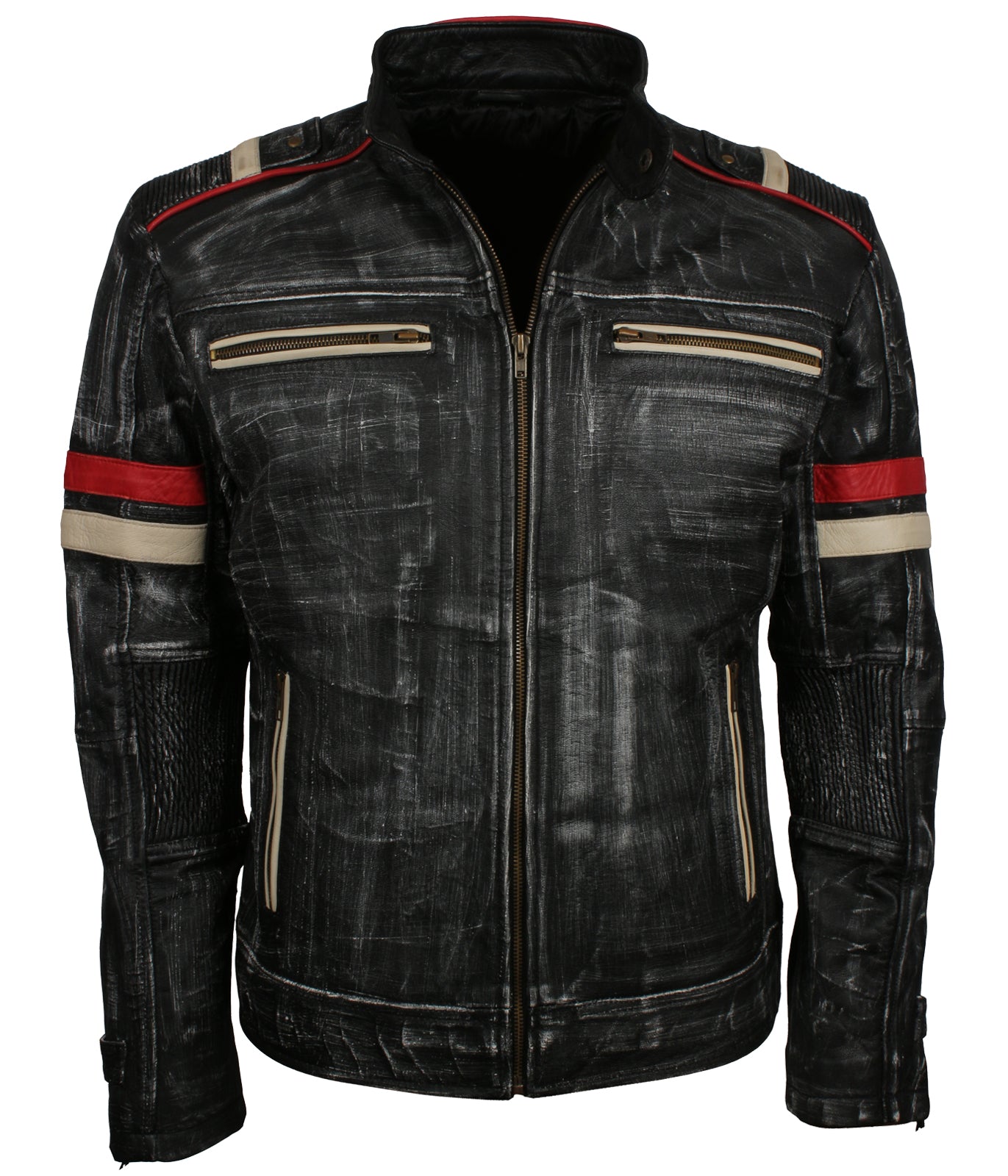 Retro Grey Distressed Biker Leather Jacket - Waxed Moto GP Rider Jacket