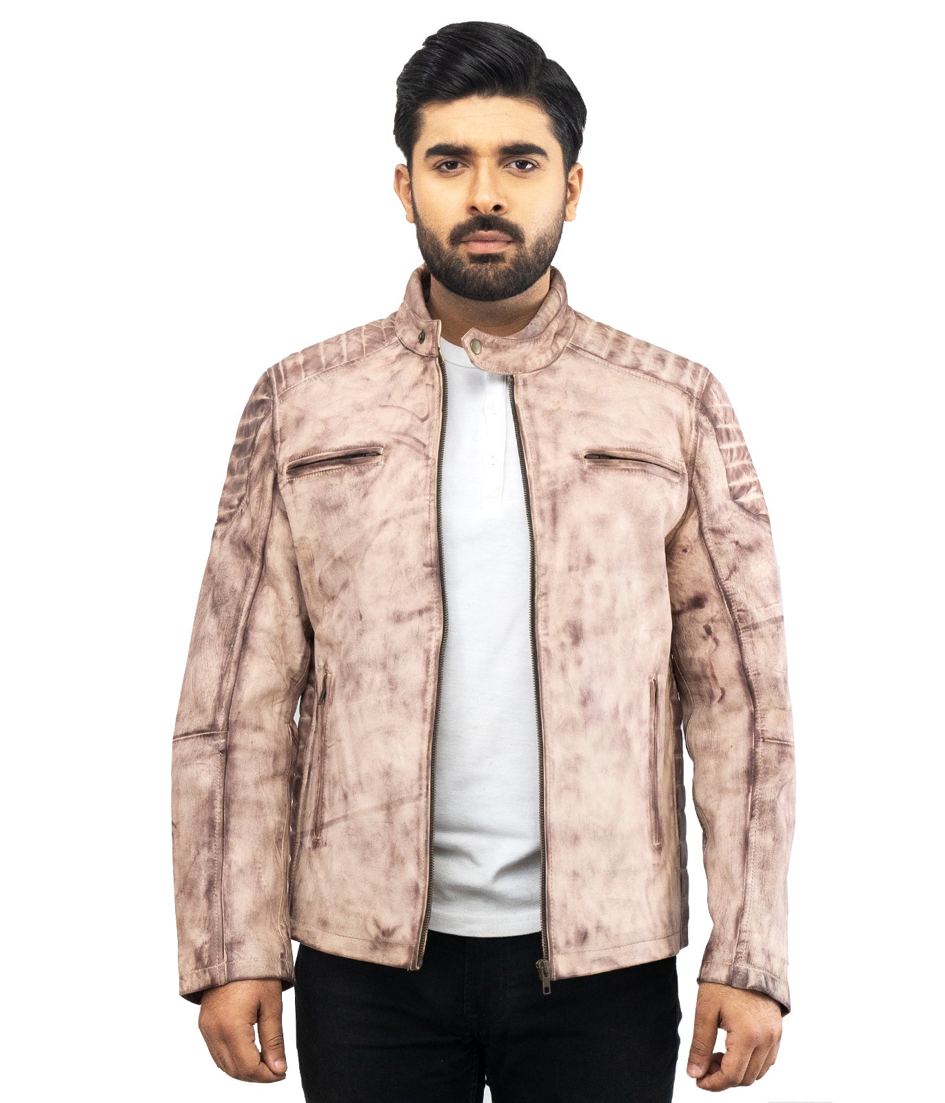 Waxed White Biker Motorcycle Real Leather Jacket